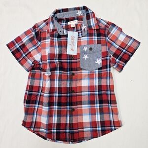 Cat & Jack Boys Plaid Short Sleeve Button Down Shirt, Red Stars - XS NEW